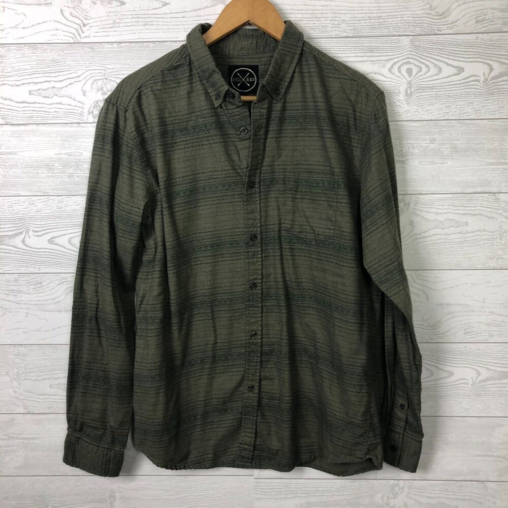 Birch Black Men's Medium Striped Long Sleeve Button Front Shirt Cotton Blend